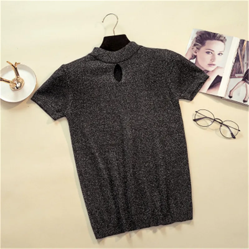 2018 летняя футболка с пайетками Женские трикотажные топы коротким рукавом