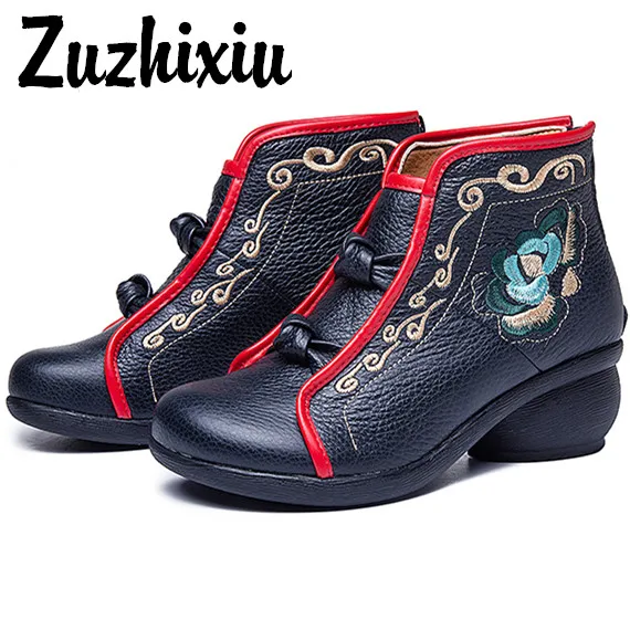 Zuzhixiu/осень зима 2019 г. новые кожаные женские ботинки с вышивкой в этническом стиле