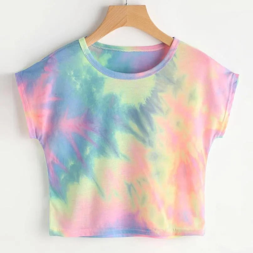 Женская Повседневная Свободная футболка с коротким рукавом и принтом Tie Dye, топы, блузы, летняя одежда для женщин, богемные летние топы для женщин