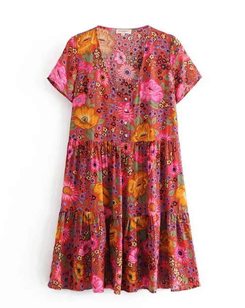Everkaki, Boho, цветочный принт, мини платье, женское, хлопок, v-образный вырез, пуговицы, Империя, красное, богемное, летнее, пляжное платье, Femme, весна, новинка