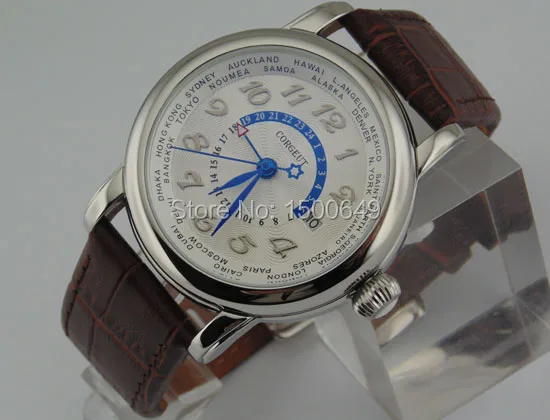 Corgeut 43 мм полированный корпус из нержавеющей стали белый циферблат 1 2 3 4 5 6 7 8 9 10 11 12