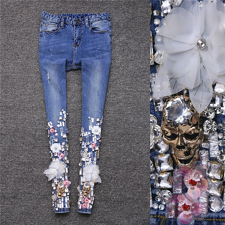 Демисезонный в ретро стиле женские джинсы с вышивкой цветы платье со стразами