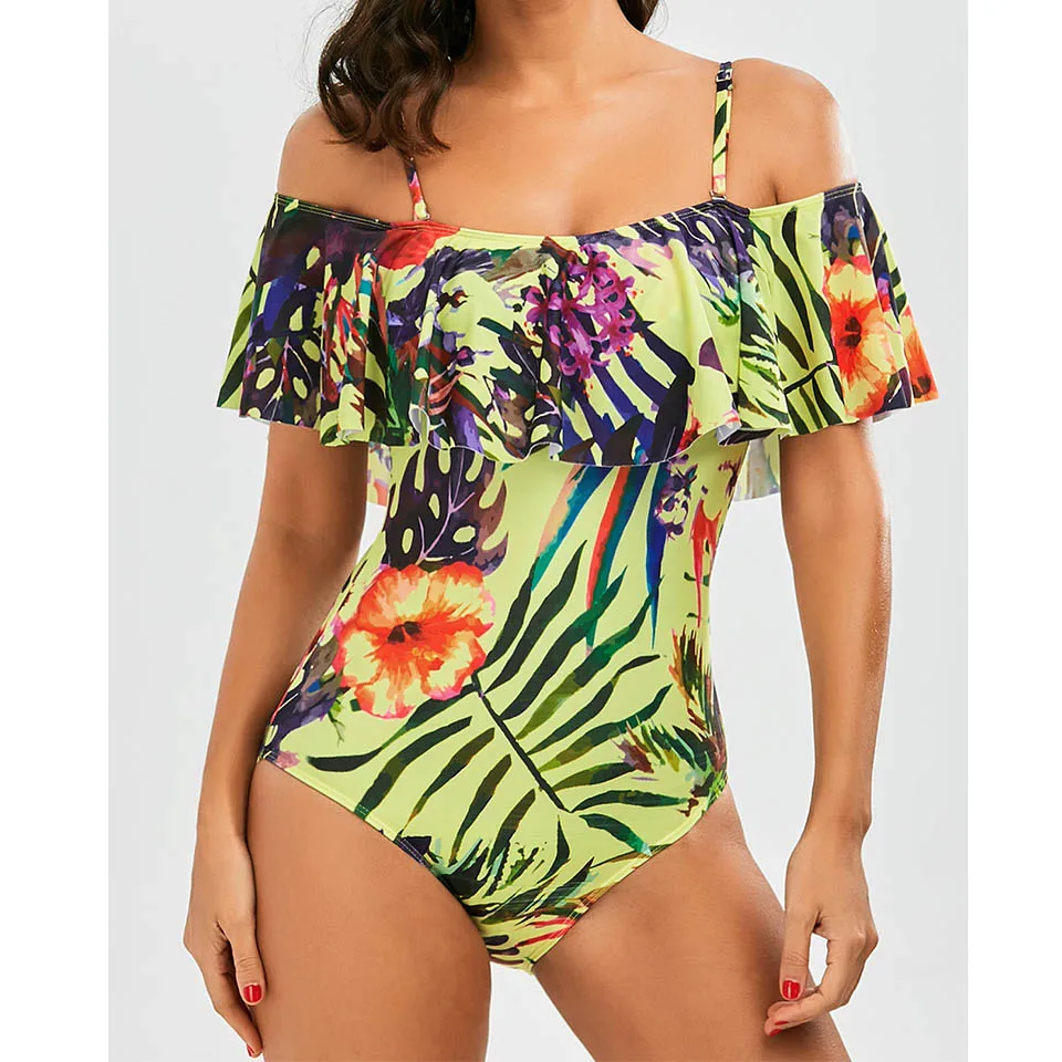 Женский Цельный купальник с открытыми плечами Raintropical монокини оборками