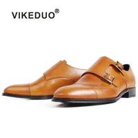 vikeduo plain brown patina handmade monk shoes mens genuine leather wedding office footwear new round toe formal dress shoes
