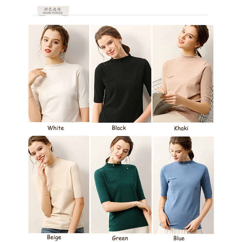 Wool Knitted Sweater With Pocket Shirt 2019 New Summer Turtleneck Short Sleeve Pullovers Slim-fit Tight Female Green | Женская одежда