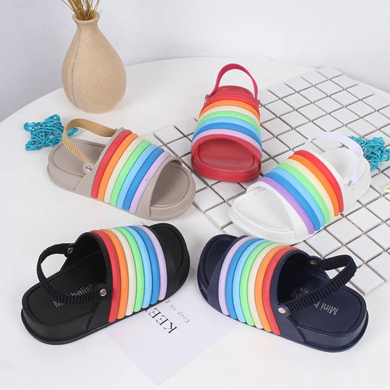 

Summer Kids Girls Boys Rainbow Color Stripe Sandals Children Open Toe Beach Non-slip Slippers Elastic Sandals Soft Bottom Shoes