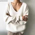 Женский свитер с v-образным вырезом в Корейском стиле; сезон осень-зима; Повседневный Женский обтягивающий пуловер с длинным рукавом и асимметричным подолом