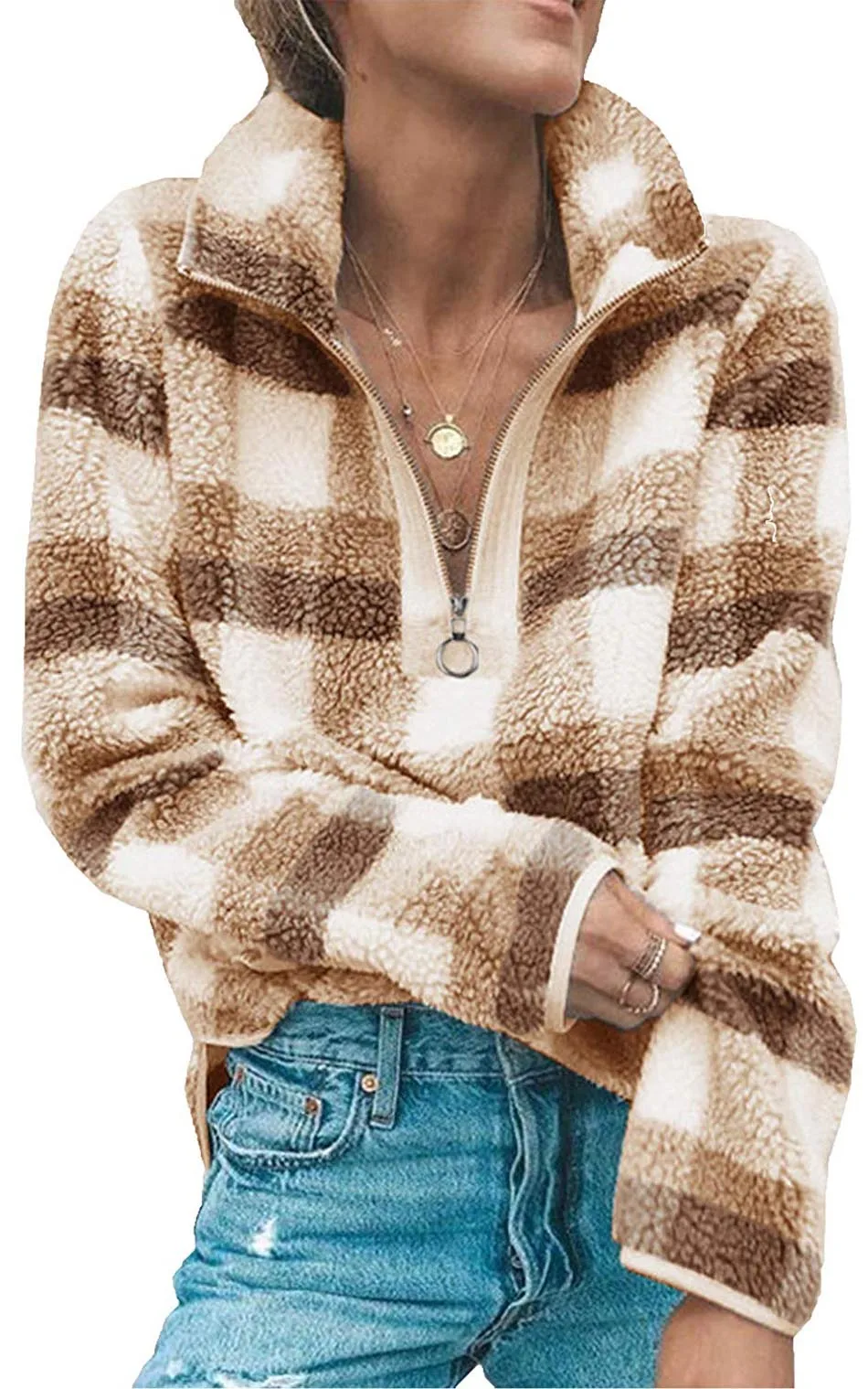 2019 Women Long Sleeve 1/4 Zipper Lapel Fleece Pullover Sweater shirt Warm Plaid Fluffy Hoodies Sherpa Knit Soft Outwear Coat | Женская