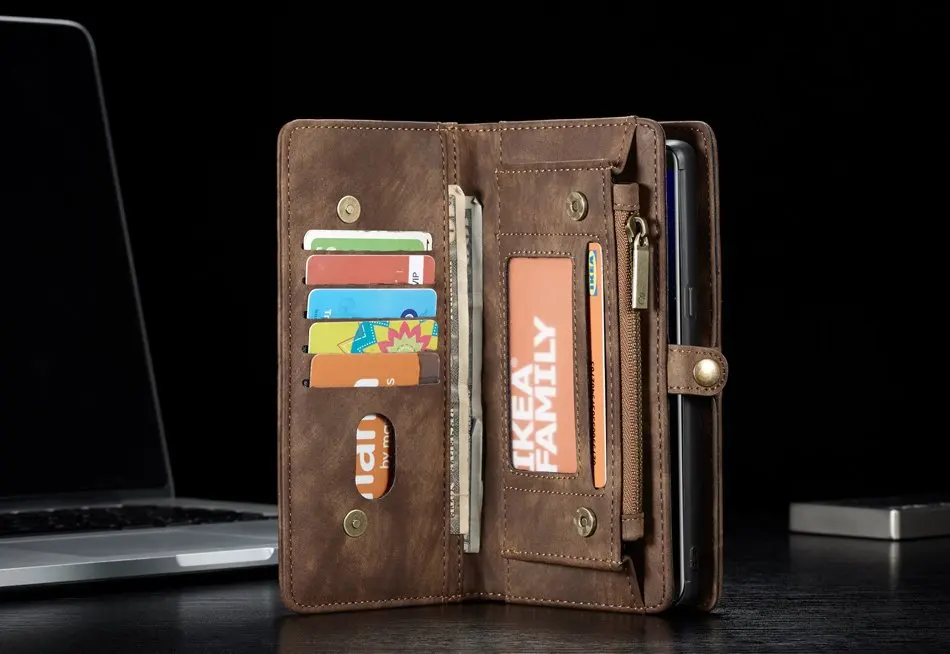 14 Slots Zipper Wallet with Removable Back Cover Leather Case for Samsung Galaxy Note 8 9 10 Plus Hand Sewing Purse | Мобильные
