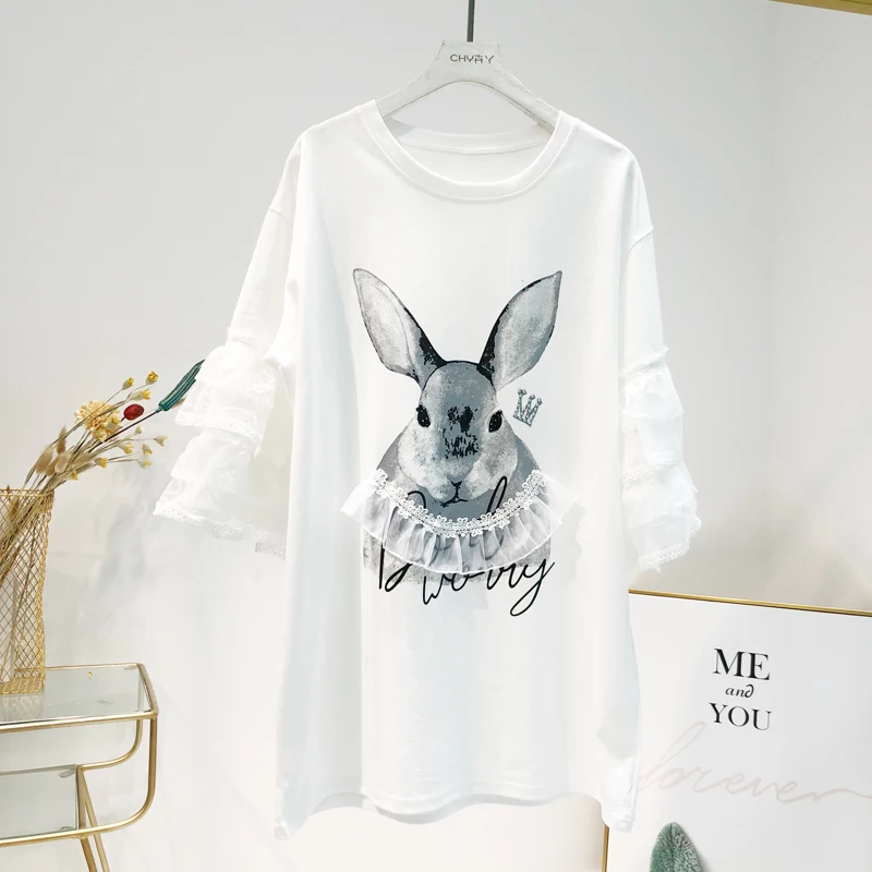 Новая длинная белая футболка женская с кроликом и кружевными расклешенными