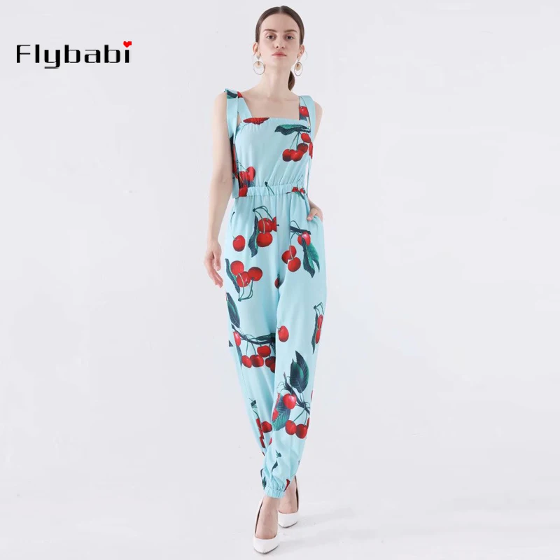 Streetwear 2019 summer new arrival blue sling Bow cherry print cotton jumpsuit Jumpsuits Playsuits Ankle-Length Pants