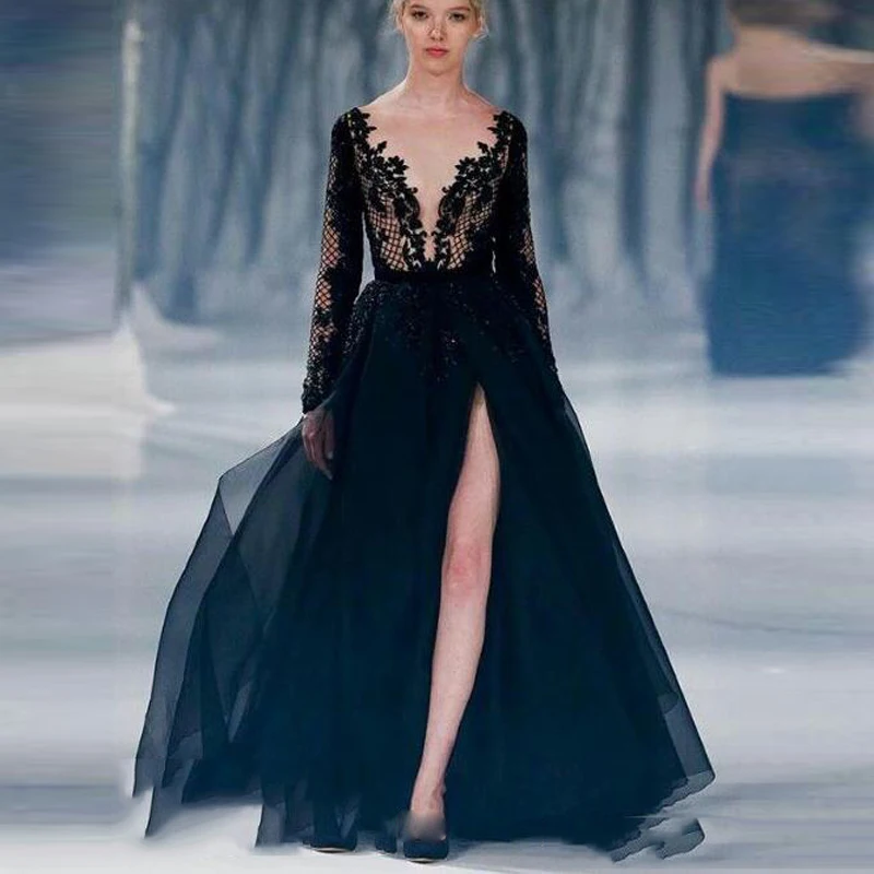 Sexy Глубокий V Шеи Кружева Вечерние Платья Черного Высокая Несмотря На Долго