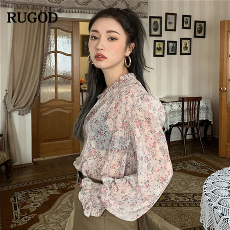 RUGOD прозрачные женские рубашки с цветочным принтом шифоновые рукава фонарики