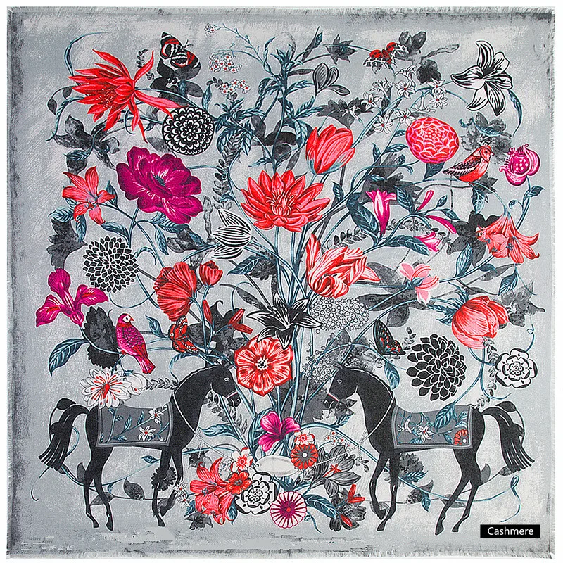 

2020 New Shawls Scarf Luxury Brand Wraps Women Winter Cashmere Scarf Flowers And Fine Horse Print 130cm Large Square Scarves
