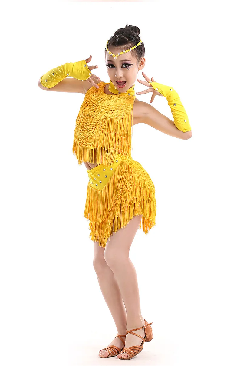

Children Professional Latin Dance Dress for Compeitition Tassel Girls Latin Dance Skirt Paillette Standard Ballroom Dance Dress