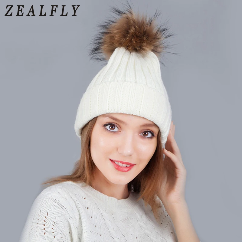 

Natural Fox Fur Pompon Winter Hat For Women Thick Beanie Hats Knitted Caps Men'S Brand Solid Colors Ski Gorros
