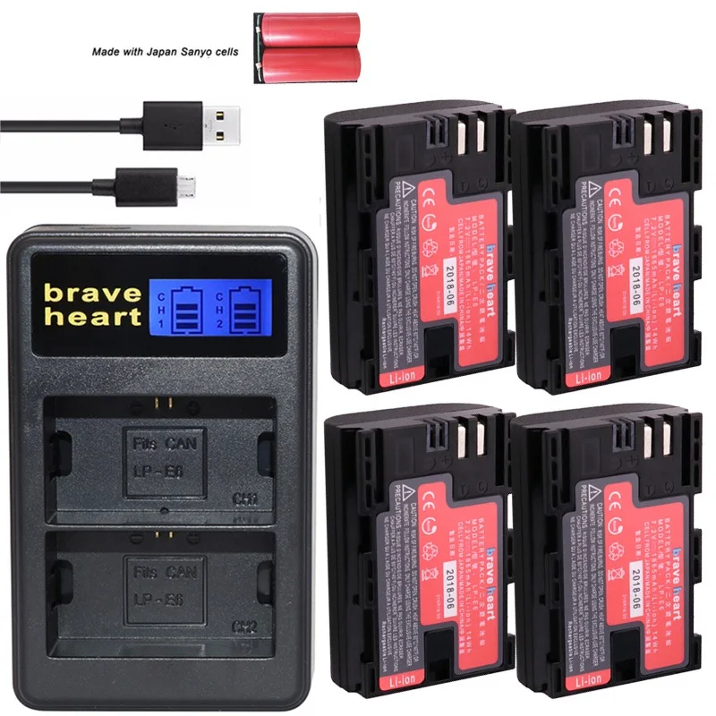 charger and 4battery Bateria LP-E6 LP E6 LPE6N батарея камеры Япония Sanyo сотовый+ светодиодный USB двойной зарядное устройство для Canon EOS 5DS R 5D Mark II 5D 6D 7D 80D - Цвет: charger and 4battery