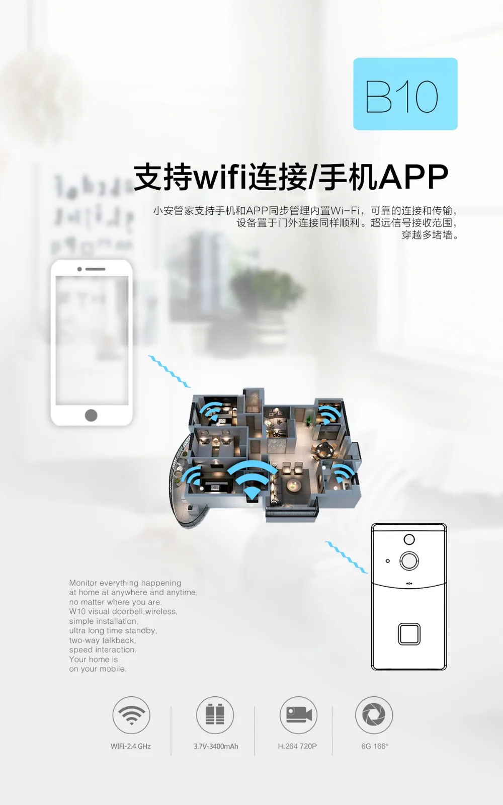 Горный беспроводной видео-телефон двери HD PIR wifi дверной звонок ip-камера для внутренней сети батарея питания аудио SD слот для карты Открытый безопасности