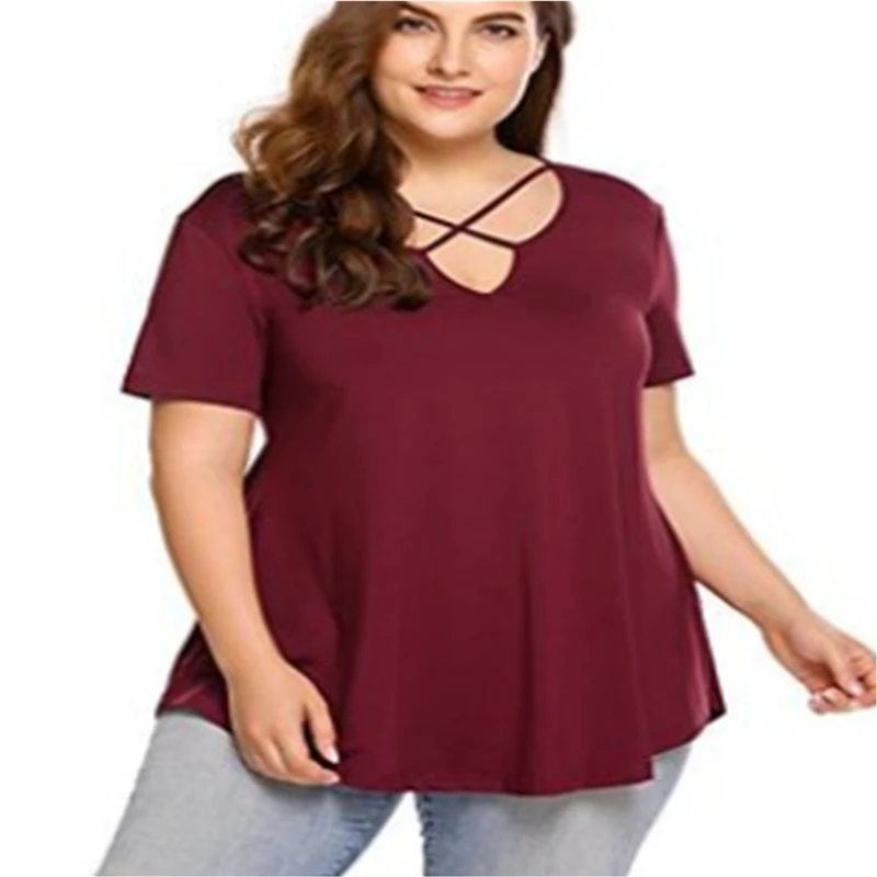Женская однотонная блузка с V образным вырезом и коротким рукавом|plus size blouses|big