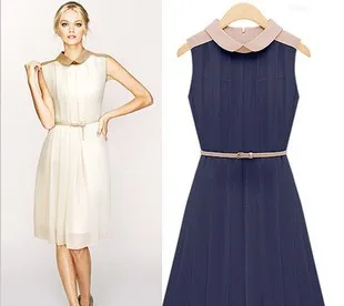 2013 Summer Europe and the United States Women color stitching lapels waist pleated chiffon dress retro fashion wind | Женская одежда