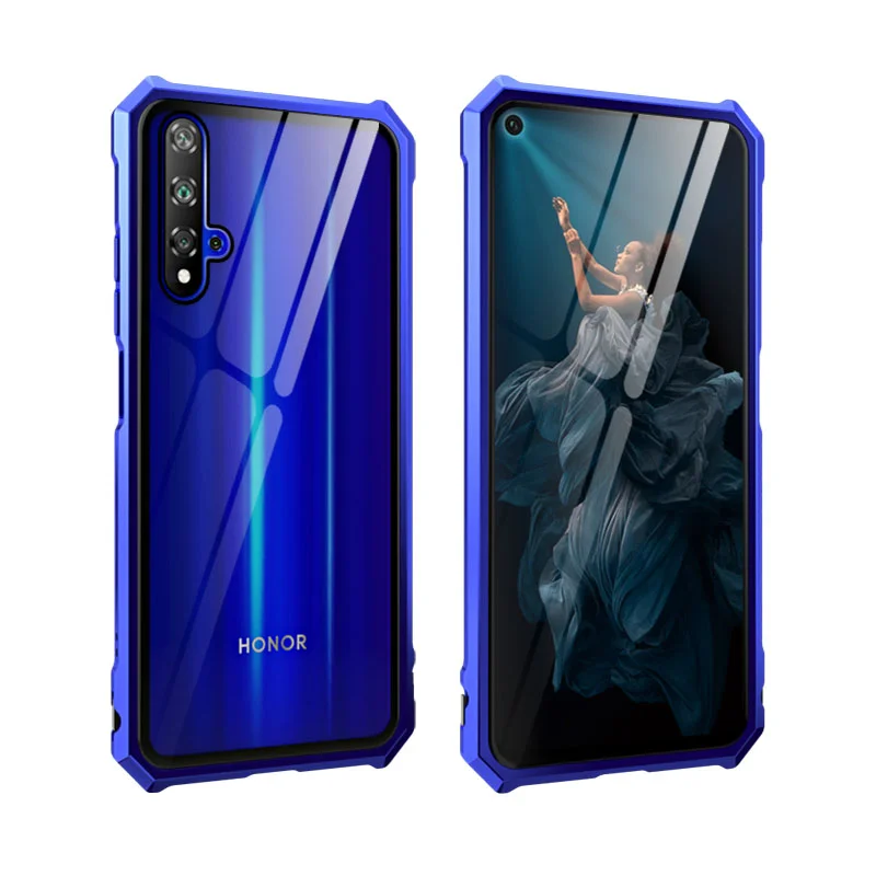 Для Honor 20 Pro Чехол с металлической рамкой, задняя крышка из закаленного стекла, гибридный алюминиевый бампер для huawei P Smart V20 Lite, чехол, тонкий роскошный - Цвет: blue purple