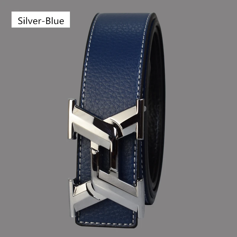 Silver Blue Luxury Belts for Men Fashion Business Casual High Quality Smooth Buckle Designer Male Leather Belts - Цвет: Silver Blue
