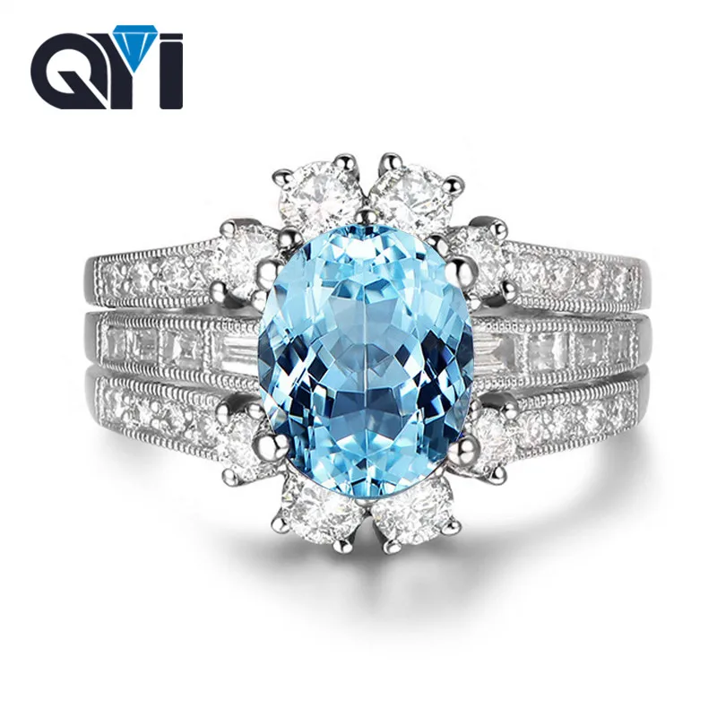 

QYI Natural Sky Blue Topaz Engagement Rings 2 ct Oval Cut Gemstone Real 925 Sterling Silver Ring Bridal Jewelry for Women