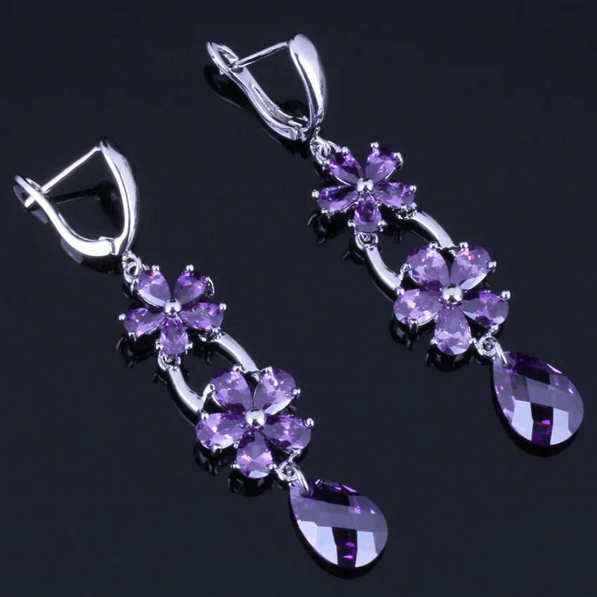 

Very Good Flower Water Drop Purple Cubic Zirconia Silver Plated Drop Dangle Earrings V0809