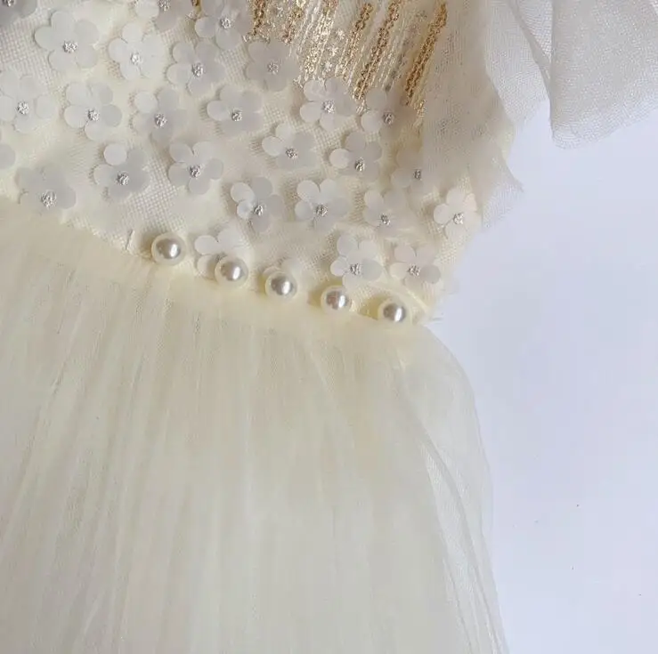 Новые летние детские сетчатые платья с цветочной отделкой и бисером для девочек