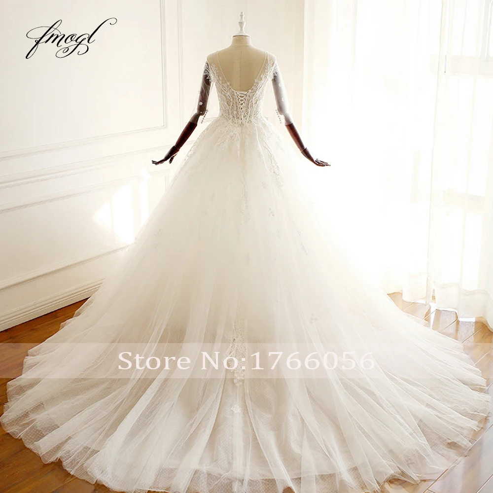 Fmogl Vestido De Noiva, кружевное бальное платье, свадебные платья, сексуальные платья с открытой спиной, со шлейфом, v-образным вырезом, аппликацией, бисером, для невесты