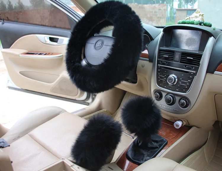 KKYSYELVA меховой розовый теплый чехол рулевого колеса автомобиля зима черный авто аксессуары для интерьера 38 см чехлы для рулевого колеса - Название цвета: Black long