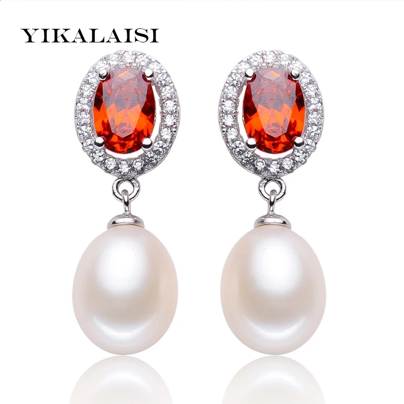 

YIKALAISI Fashion Natural 8-9mm Pearl jewelry Stud Earrings For Women girls red rhinestone long 925 Sterling Silverearrings