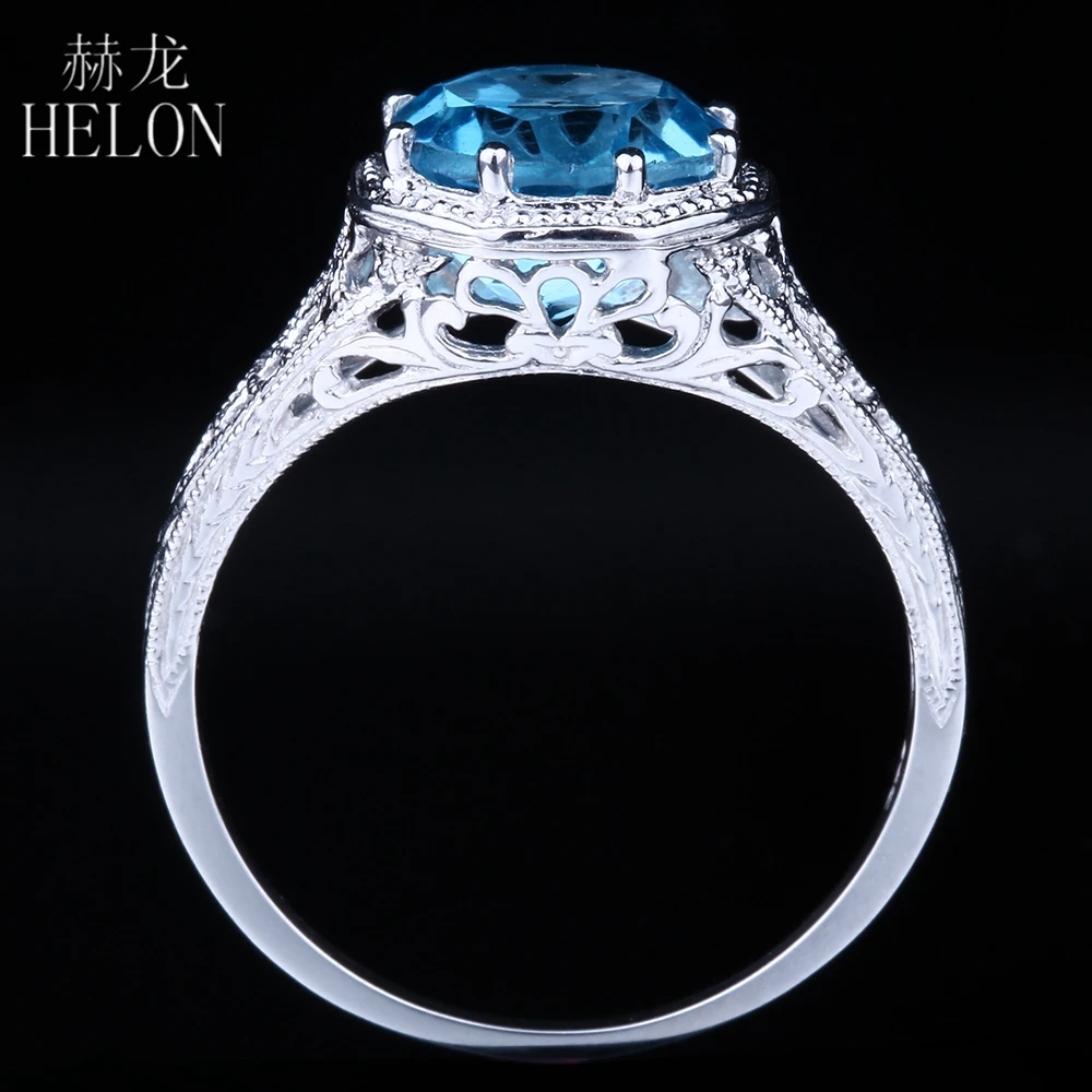 HELON 925 Sterling Silver Certified Round 2.3ct Genuine Natural Blue Topaz Engagement Ring Women Vintage Jewelry Gemstone Ring