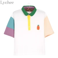 lychee preppy style summer women t shirt pineapple embroidery patchwork casual loose short sleeve t shirt tee top