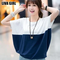 liva girl summer comfortable women loose bat sleeve shirt casual tops tees patchwork o neck t shirts chemise ladies size m 2xl