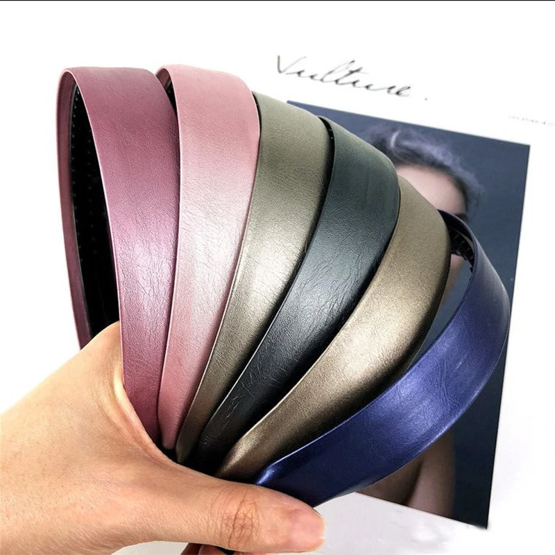 Женский ободок для волос широкий кожаный однотонный ручной работы в Корейском