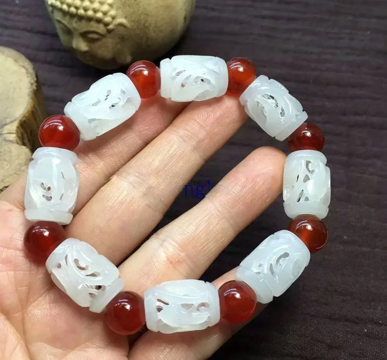 Китайский натуральный белый нефритовый браслет Hetian с вырезами бусинами