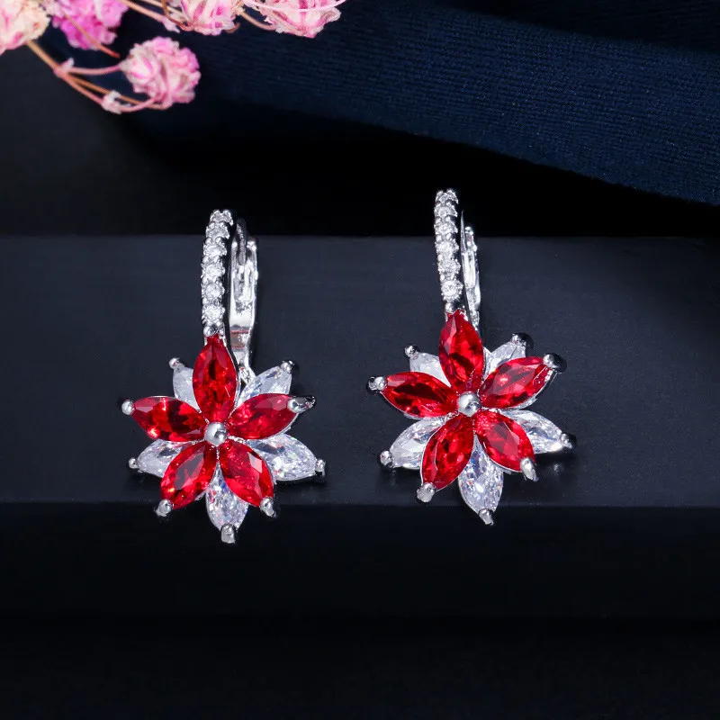 Red ThreeGraces Модные Разноцветные зеленые розовые красные кубические циркониевые хрустальные вечерние серьги-гвоздики с огранкой маркиза с милым цветком для женщин ER311 - Окраска металла: Red