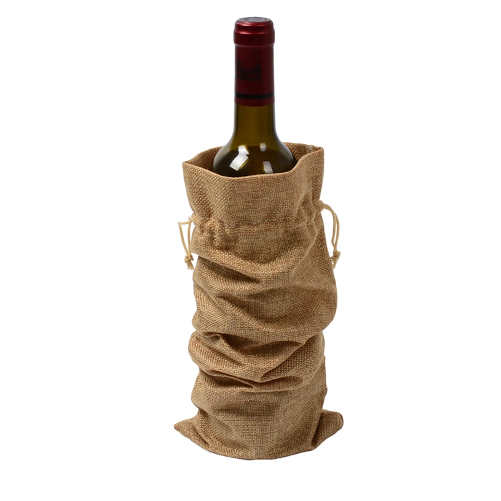 50pcs Hessian burlap Jute Wine bottle Bag Christmas Gift Wedding Party Decoration wine Bottle Cover Champagne Packaging bag