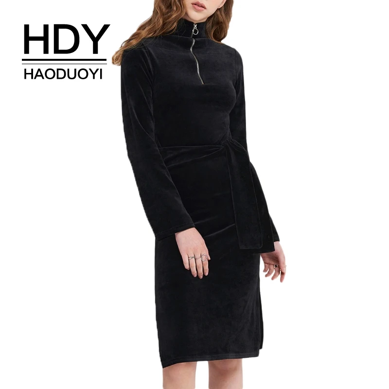 HDY Haoduoyi Brand Women Black Slim Velvet Dresses Slip One Side Belt Waist Zipper Turtleneck Female Elgenat Vestidos Lady | Женская