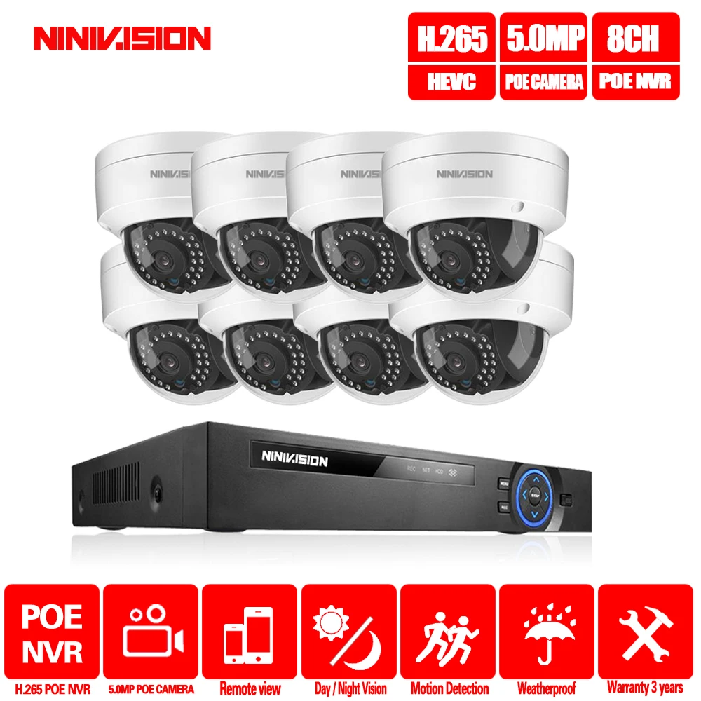 NINIVISION 8CH 5MP 1080P POE NVR Комплект охранной камеры CCTV система Крытый Открытый IP Купол