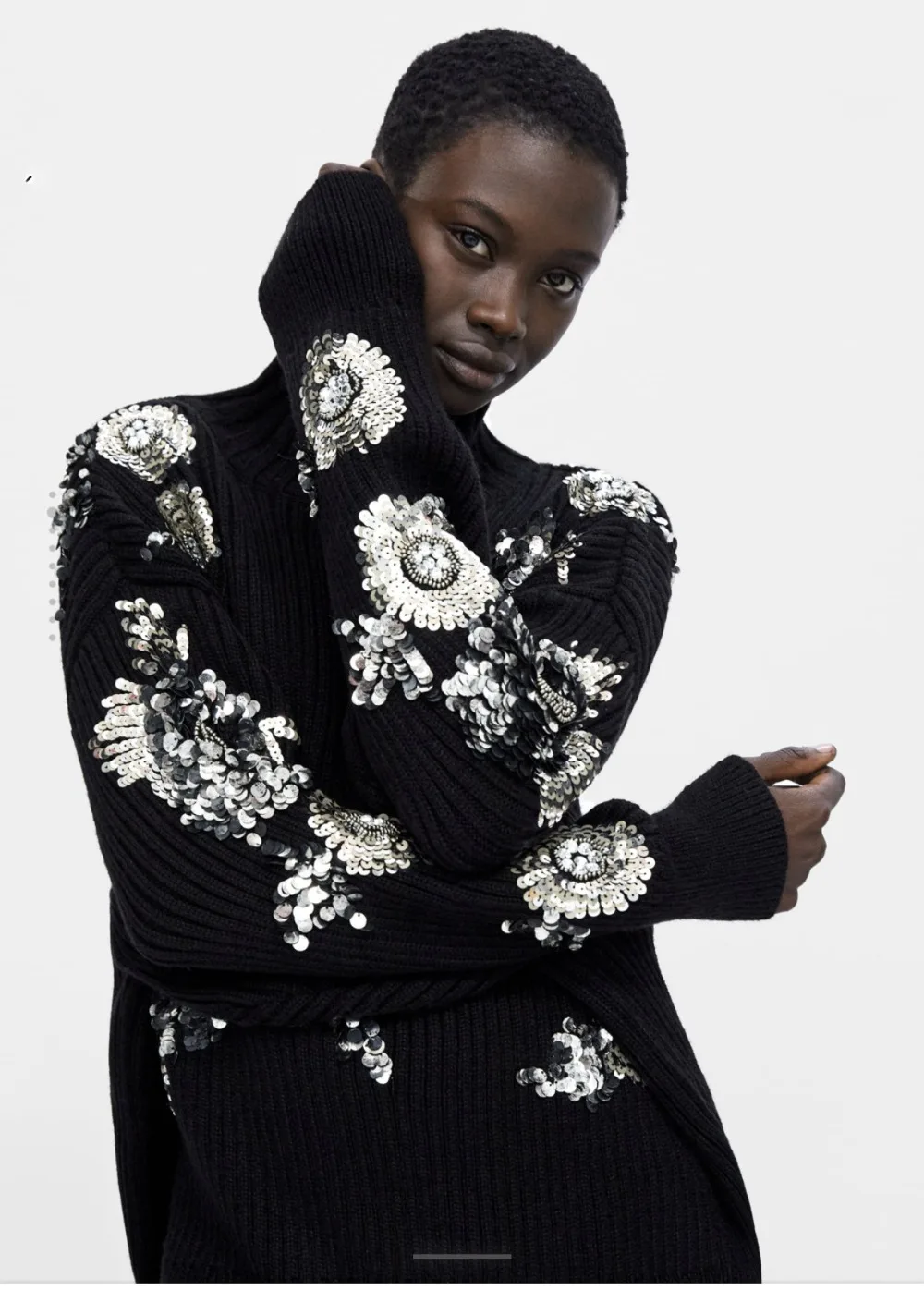 Cakucool Beading Knit Tops Women Long Sleeve Turtleneck Sequined Sweaters Floral Embroid Shiny Jumpers Sweater Pullovers Female | Женская