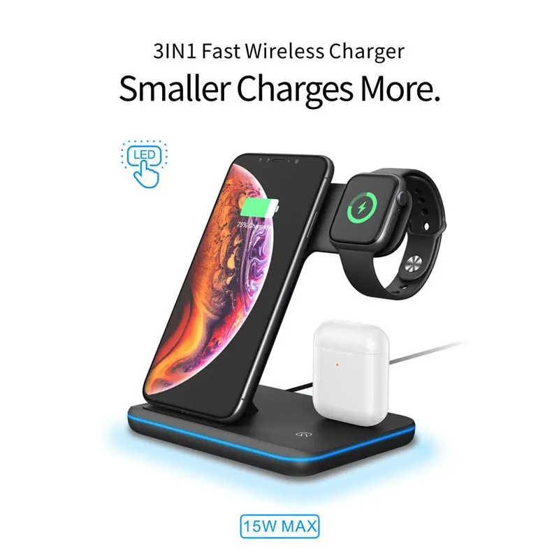Быстрое беспроводное зарядное устройство 3 в 1 кронштейн для iPhone / Apple Watch /Airpods