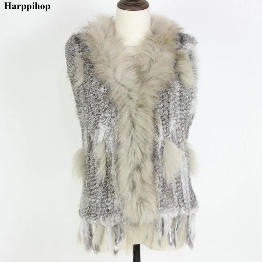 natural grey Harppihop Женский натуральный мех кролика жилет с воротником из меха енота жилет/куртки кролика рекс вязаный зимний - Цвет: natural grey