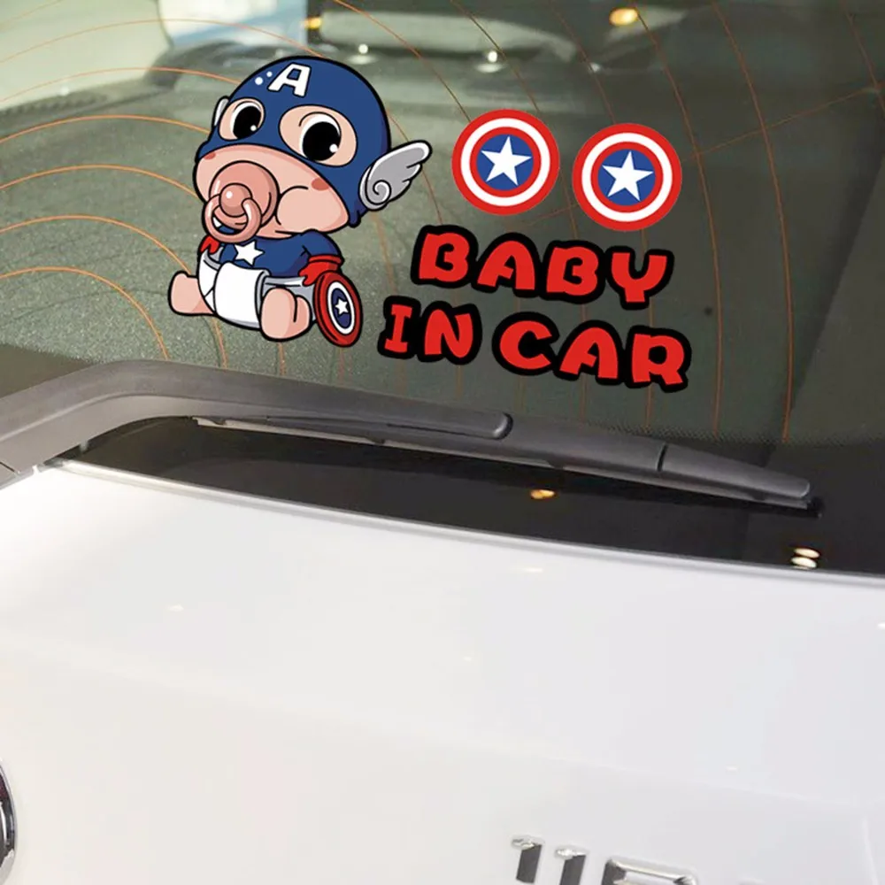 

car styling Baby In Car on board Sticker Captain America Cartoon Warning Decal