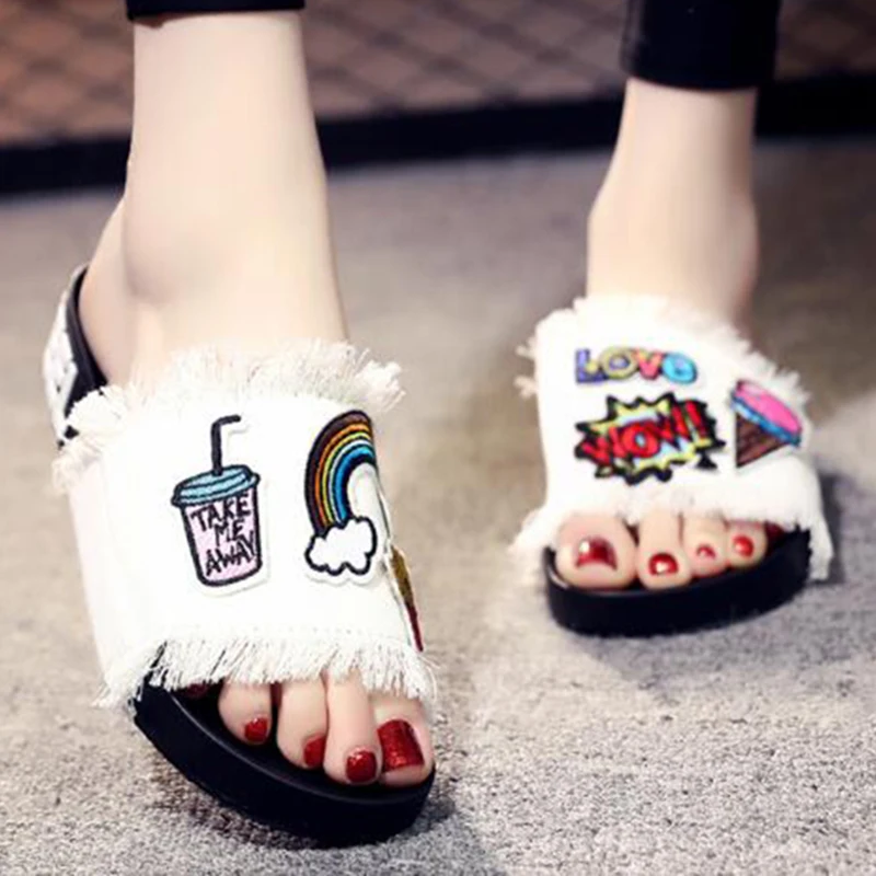 Джинсовые тапочки Модная женская обувь с вышивкой Повседневная Удобная пляжная