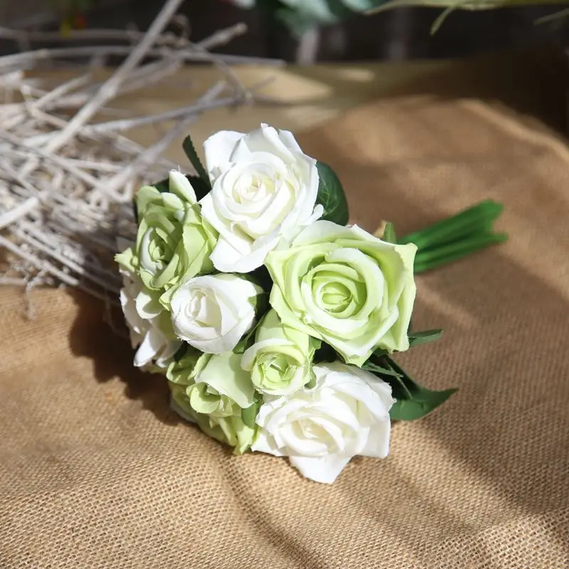 3 White Green 9 букет роз kwiaty fleurs blumen flores para manualidades fiori flor cicek шелковые цветы для украшения дома свадебный цветок - Цвет: 3 White Green