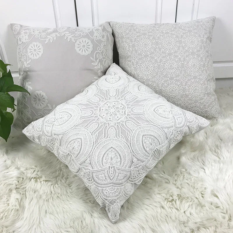 

Beige Embroidery Cushion Cover Lace Floral Pillow Case with Embroidered For Sofa Seat Simple Home Decor 45*45cm