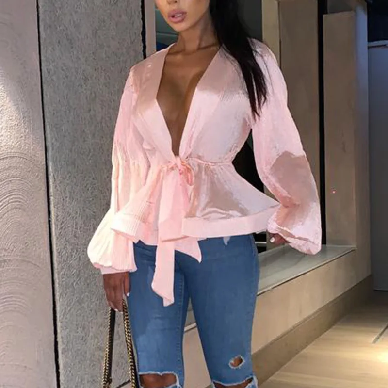 Женская блузка с бантом и поясом офисная глубоким v образным вырезом рукавом