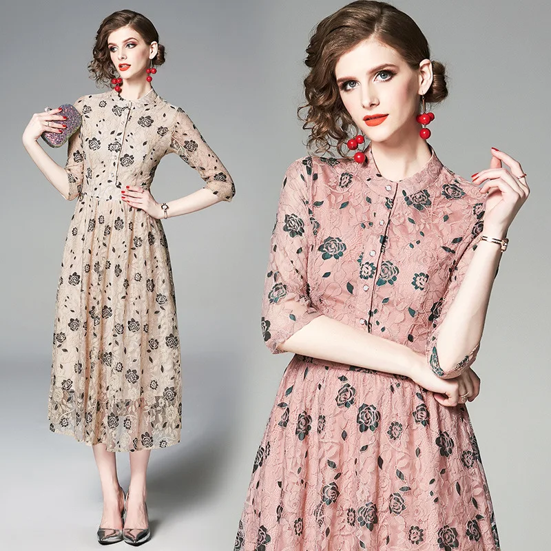 Женское платье с цветочным рисунком розовое бежевое кружевное бальное до